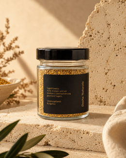 Dasha Naturals Blütenpollen – Rückseite mit Verzehrempfehlung und Lagerhinweisen