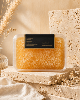 Dasha Naturals Honigwabe – Rückseite mit Produktinformationen und Lagerhinweisen