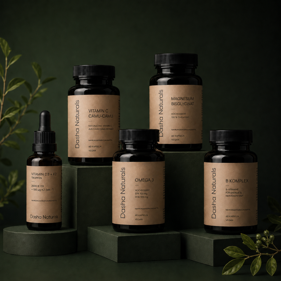 5er Supplement Bundle mit Vitamin D3 K2, Omega-3, Magnesium, Vitamin C & B-Komplex – abgestimmt für deine tägliche Routine.