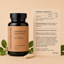 Magnesium Bisglycinat Kapseln von Dasha Naturals mit Nährwerttabelle und Inhaltsstoffübersicht