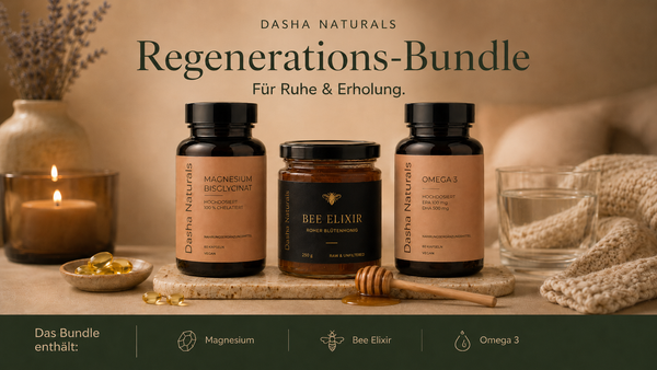 Regeneration Supplement Bundle mit Magnesium Omega-3 und Bienen Elixier Honig