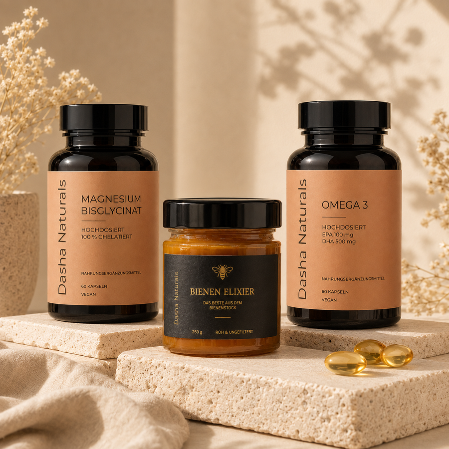 Regeneration Supplement Bundle mit Magnesium Omega-3 und Bienen Elixier Honig
