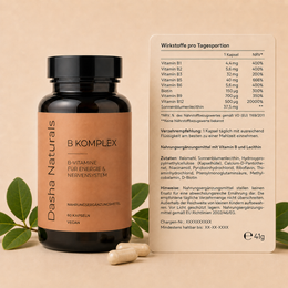 Vitamin B-Komplex Kapseln von Dasha Naturals mit Nährwerttabelle und Vitaminübersicht