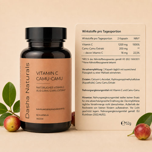 Vitamin C Camu Camu Kapseln von Dasha Naturals mit Nährwerttabelle und Inhaltsstoffübersicht