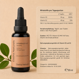 Vitamin D3 + K2 Tropfen kaufen: 2000 IE D3, K2 MK-7 & Kokos-MCT-Öl. Hochdosiert, einfach dosiert – für deine tägliche Routine.